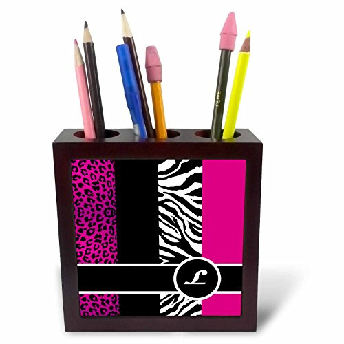 3dRose ph_35621_1 Elegant Animal Print Monogram Tile Pen Holder, 5-Inch, Hot Pink