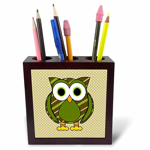 3dRose ph_57129_1 Cute Owl Green Stripes and Dots 1-Tile Pen Holder, 5-Inch