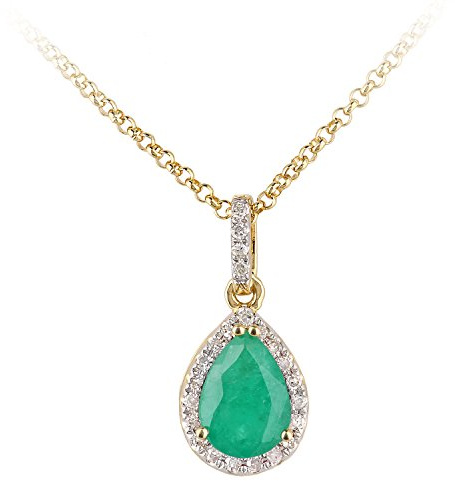 Naava Women's 18 ct Yellow Gold Diamond and Emerald Teardrop Pendant Necklace of Length 40 cm