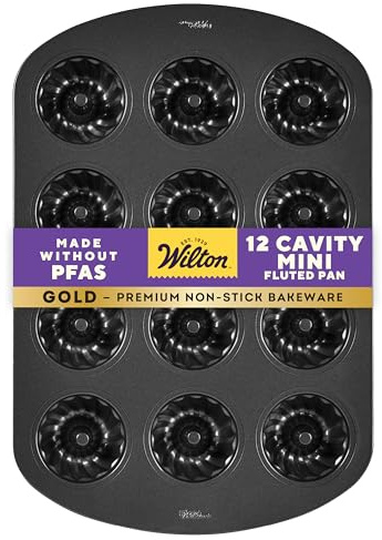 Wilton Gold Non-Stick 12-Cavity Mini Fluted Cake Pan, Cold-Rolled Steel Bakeware, Made Without PFAS, Packaging May Vary