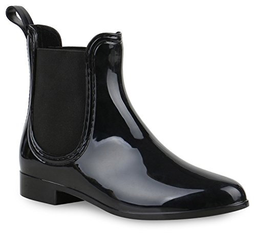 Damen Stiefeletten Chelsea Boots Gummistiefeletten Lack Gummistiefel Regen Schuhe 121284 Schwarz Schwarz 38 Flandell
