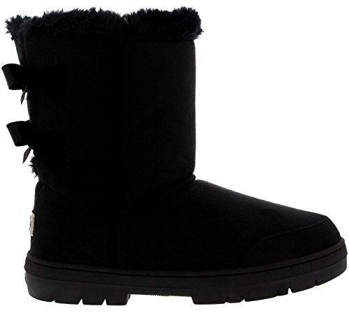 Holly Women’s Classic Waterproof Faux Faux Furined Winter Ankle Boots - Pom-Pom & Bow Detail - Warm, Non Slip Rubber Sole Snow & Casual Cold Weather Footwear - Black - UK6/EU39