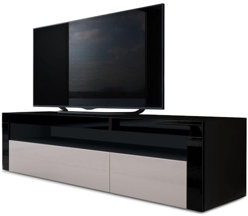 Vladon Lowboard Valencia, Made in Germany, TV-Kommode mit 1 offenem Fach und 2 Klappen, Schwarz matt/Sandgrau Hochglanz/Schwarz Hochglanz (155 x 46 x 40 cm)