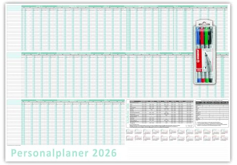 Urlaubsplaner/Personalplaner 2026 nass abwischbar mit Folienkaschierung inkl. Stifteset - DIN B1 Format (1000 x 700 mm) 22 Mitarbeiter Januar bis März Folgejahr mit Schulferien (gerollt!)