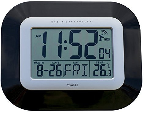 Youshiko Radio Controlled LCD Wall Mountable and Desk Clock (UK & Ireland Version) Jumbo LCD (Black)