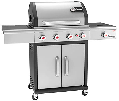 LANDMANN Gasgrill Triton cooK PTS 4.1 | Premium Gasgrill mit doppelwandigem Deckel & cooK-Zone für die perfekte Beilage | Grillrost aus emailliertem Gusseisen für perfektes Grillbranding [Edelstahl]