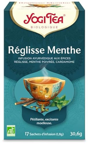 YOGI TEA – Réglisse Menthe Bio – Infusion Bien-Être Sans Caféine – Mélange de Réglisse, Menthe poivrée & Cardamome – 17 Sachets