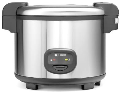 HENDI Reiskocher, Reishunger, Warmhaltefunktion, 30 Tassen Trockenreis, Inhalt 5,4L, Inklusive Messbecher, Reislöffel und Silikon-Antihaftpolster, 230V, 1950W, 455x455x(H)380mm, Edelstahl