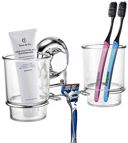 MaxHold No-Drilling Suction Cup Double Toothbrush Tumbler Holder - Vaccum System - Stainless Steel Never Rust - for Bathroom & Kitchen