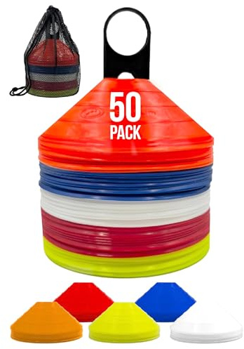 Optimum Marker Training Cones Pack of 50, Highly-Visible, Durable & Flexible Sports Cones with Carry Stand for Multi-Sport Drills Including Football, Rugby, Hockey, Cricket, Gym & Dog Training & More