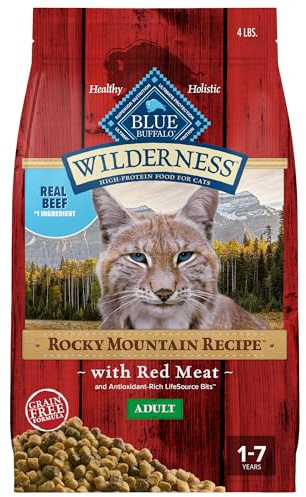 Blue Buffalo Wilderness Adult Dry Cat Food, Rocky Mountain Recipe, Chicken-Free & Grain-Free Recipe Made with Natural Ingredients, Red Meat, 4-lb Bag