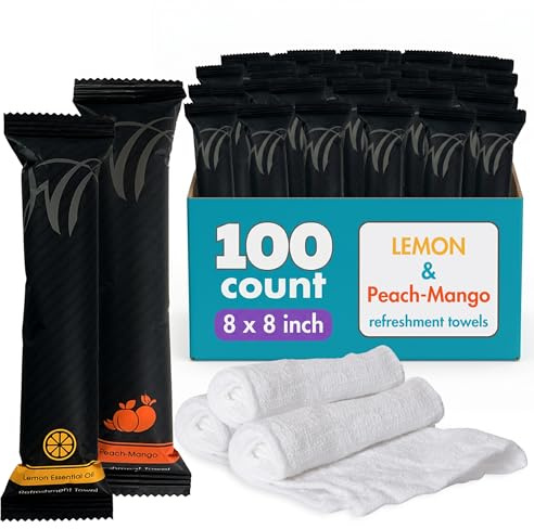 White Towel Services 8 x 8in Moist Cotton Towel Individually Wrapped - Lemon and Peach-Mango (Case of 100) - Single-Use Oshibori Style Cotton Hospitality Towels