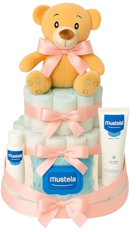 Tarta de pañales Rosa Momentosgourmet con productos para el bebé