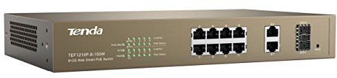 Tenda Switch PoE 10 Ports, PoE Switch Fast Ethernet 10/100Mbps, 8 * 10/100Base-TX, 2 * 10/100/1000Base-T, 2 * 1000Base-X SFP, One Key Vlan, Conception QoS, 150 W (TEF1210P- 8-150 W)