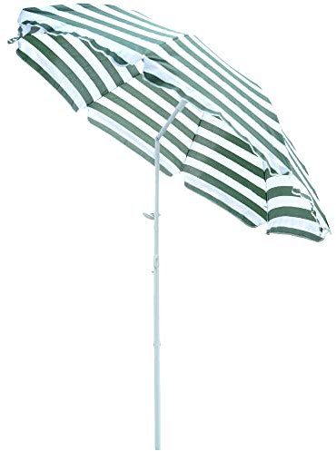 Outsunny 1.8m Beach Parasol Umbrella with Tilt Canopy, Lightweight Patio Garden Sunshade with 8 Ribs, Green & White Stripe