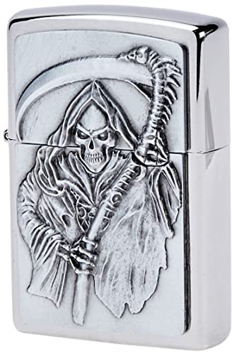 Zippo Briquet tempête – Malédiction du Faucheur, Chrome brossé, emblème – Rechargeable – Réutilisable – Design Coupe-Vent – Boîte Cadeau – Fabriqué aux États-Unis