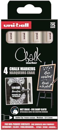 Uni-Ball 186200 - Lot de marqueurs pour vitres et à la craie, blanc, 4 marqueurs la craie PWE-5M, pointes rondes de 1,8 à 2,5 mm