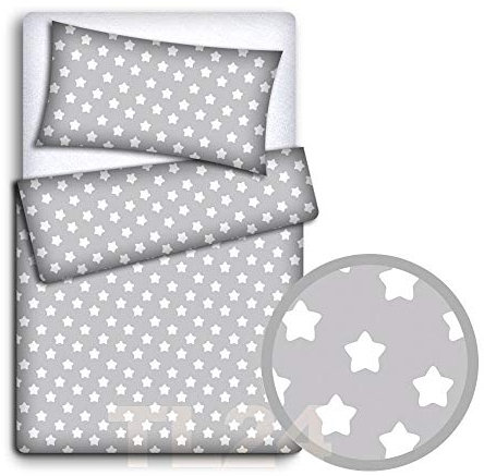 TheLittles24 Baby Newborn Bedding Set Pillowcase + Duvet Quilt Cover 2 Piece to Fit Cot Crib Cradle Pram 80x70cm (Big white stars on grey background)