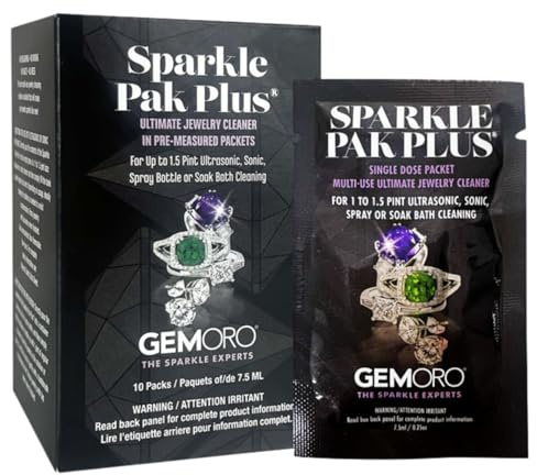 GemOro Sparkle Pak Plus Jewelry Cleaner Solution | 10 Premeasured Packets Ultrasonic & Sonic Machines or Spray Bottle & Soak Bath Jar | Professional Performance Rings Watches Glasses Earrings (10 pc)
