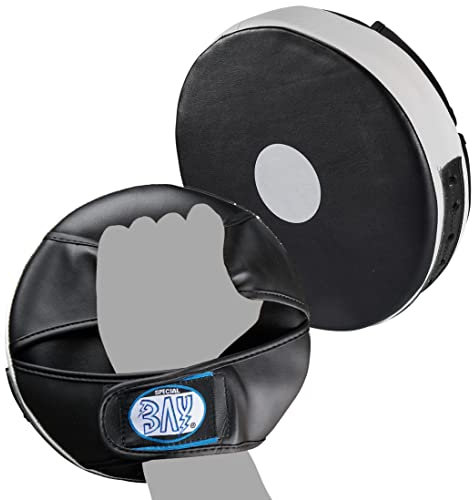 BAY Leder-PU RUND Tellerpratzen schwarz/weiß, Handpratzen, Pratzen 2 Stück, Trainerpratzen Handmitts Hand-Mitts Mitt Schlagmitt Schlagpolster Schlagkissen Focusmitt Coaching Paar