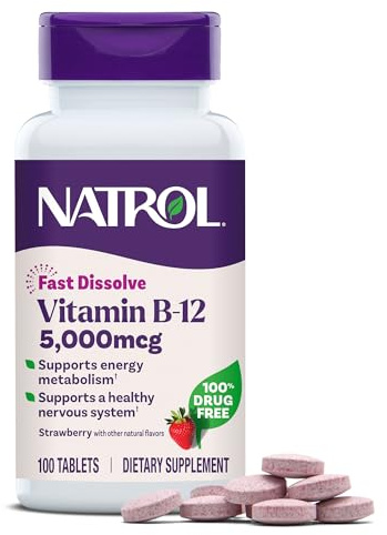 Natrol Vitamin B12 5,000 mcg, Fast Dissolve Vitamin B12 Supplement Supports a Healthy Nervous System and Energy Metabolism, 100 Tablets, Up to a 100 Day Supply