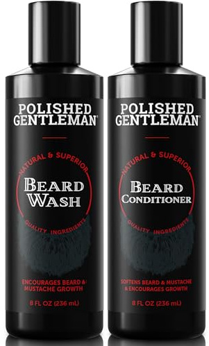 Polished Gentleman Beard Wash & Beard Conditioner Set - Biotin, Tea Tree, Aloe Vera, Manuka Honey & Argan Oil – Softens, Smooths & Hydrates Facial Hair – Paraben & Sulfate Free Shampoo Made in USA 8oz