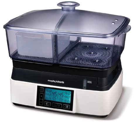 Morphy Richards Intellisteam Compact Food Steamer, 6L, Synchronised Steaming, Digital Display, Memory System, White & Black, 48775