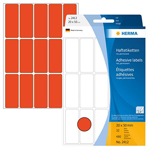 HERMA 2412 Vielzweck-Etiketten, 480 Stück, 20 x 50 mm, 15 pro Bogen, selbstklebend, Haushaltsetiketten zum Beschriften, matt, blanko Papier Klebeetiketten Aufkleber, rot