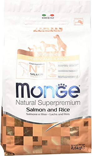 Monge Natural Superpremium Puppy and JUNIOR Salmon and Rice, Hundefutter für alle Rassen (Welpenfutter, Trockenfutter für Hunde mit Lachs & Reis, sehr Ballaststoff- & Vitaminreich, 2,5 kg)