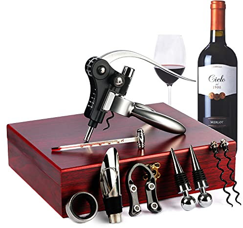 9-Pieces Wine Opener Set - Rabbit Corksrew Stainless Steel Wine Bottle Opener Kit, Includes Foil Cutter | Wine Decanter Pourer | Thermometer | Drip Ring Wine | Bottle Alloy Stopper with Nice Gift Box