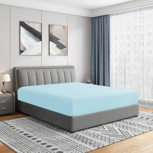 Cathay Home Luxury Wrinkle And Fade Resistant Double Brushed Ultra Soft Microfiber 14-inch Standard Pocket Single Fitted Sheet, Aqua, Queen