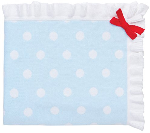 Elegant Baby 100% Cotton Sweater Knit Blanket, Blue with Polka Dots and Red Ribbon Accent, 30 X 40