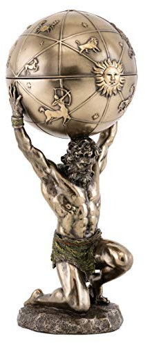 Top Collection Greek God Atlas Statue with Globe Container- Roman God of Heaven and Astronomy Sculpture in Premium Cold Cast Bronze- 12.25-Inch Office Desktop Figurine with Hidden Compartment