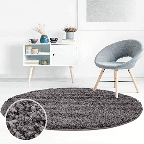 ayshaggy Shaggy Teppich Hochflor Langflor Einfarbig Uni Dunkelgrau Weich Flauschig Wohnzimmer, Größe: 120 x 120 cm Rund