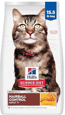 Hill's Science Diet Adult 7+ Hairball Control Dry Cat Food, Chicken, 15.5 lb. Bag