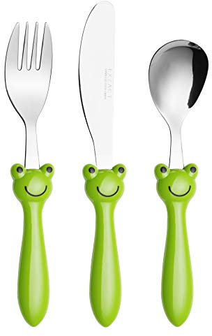 EXZACT Kinderbesteck 3 teiliges aus rostfreiem stahl/spülmaschinengeeignet Kinderbesteckset - 1 x Gabeln, 1 x Menuemesser, 1 x Abendessen Löffel (Frosch x 3)
