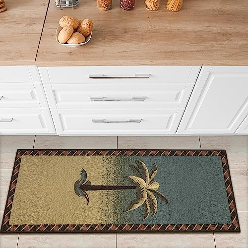 Ottomanson Passatoia per cucina/tappeto da bagno, motivo tropicale con palma, con fondo in gomma, collezione Sara, 50 cm x 150 cm, colore: Beige/color foglia di tè
