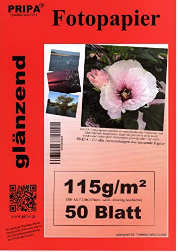 pripa 50 Blatt Fotopapier DIN A4, 115g/qm,extra leicht/dünn, glossy -sofort trocken - wasserfest-hochweiß-sehr hohe Farbbrillianz, fuer InkJet Drucker Tintenstrahldrucker
