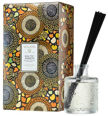 Voluspa Baltic Amber Scented Reed Diffuser, 3.4 oz, Oil Reed Diffusers for Home, Handcrafted in the USA