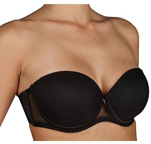 Selene, Sujetador de Mujer sin Tirantes, con Copas Preformadas, Aros y Transparencias, Tirantes Extraíbles, Colección Esmeralda, Color Negro, Talla 95C