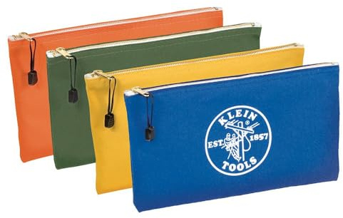 Klein Tools 5140 Canvas Zipper Bag, Tool Pouch, Tool Bag, Utility Bag, Bank Deposit Bag, 12.5 x 7-Inch, Olive/Orange/Blue/Yellow 4-Pack