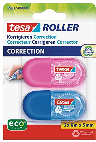 tesa Mini Korrekturroller ecoLogo - Band zur Korrektur auf Papier - Klein und ergonomisch - 6 m x 5 mm - Blau/Pink - 2er Pack