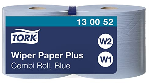Tork 130052 Wiping Paper Plus Combi Roll / Wiping Paper Rolls Suitable for W1 and W2 Wipers System Dispensers / Extra Strong Paper Towel Roll / Blue / 2 x 255m / Ø 26.2cm