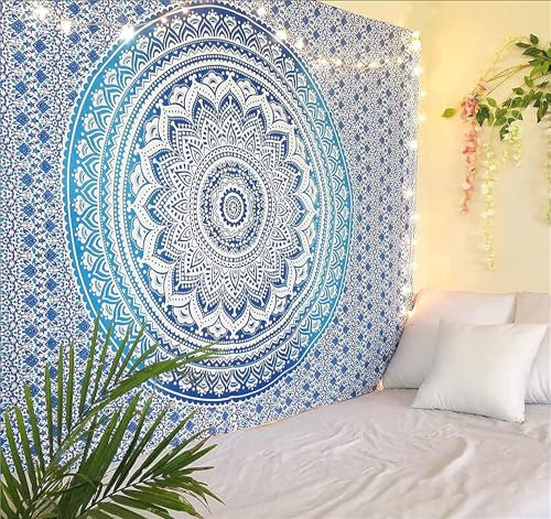 RAJRANG BRINGING RAJASTHAN TO YOU Blauer Baumwoll Mandala Wandteppich 228 x 213 cm Omber Hippie, dekorativer großer Wandbehang
