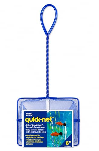 Penn-Plax Quick-Net Aquarium Fish Net - 6 x 5 in Fine Mesh, 10 in Vinyl-Covered Braided Handle - Small Aquarium Cleaning Tool for Gentle Fish Handling - Use in Freshwater & Saltwater Tanks - Blue