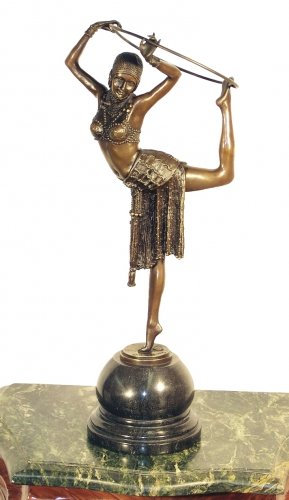 Konst & atmosfär – konst déco dansare med mogen – signerad – Demetre Haralamb Chiparus – bronsfigur på marmor – skulptur – dekorationsfigur i brons