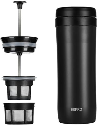 ESPRO Reise-French Press Travel Press, Mini Coffee Maker mit Thermo-Funktion, Edelstahl, Kaffee, to go, 350ml, schwarz
