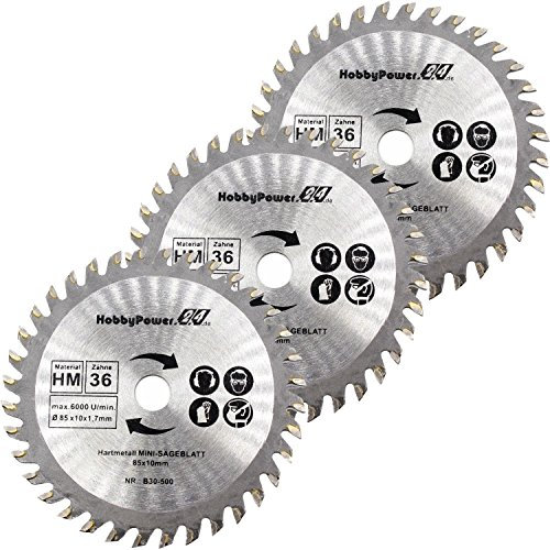 Mini Handkreissäge 3er-Set HM Sägeblatt Holz Ø 85x10mm 36 Zähne für Einhell TC-CS 860 / BT-CS 860