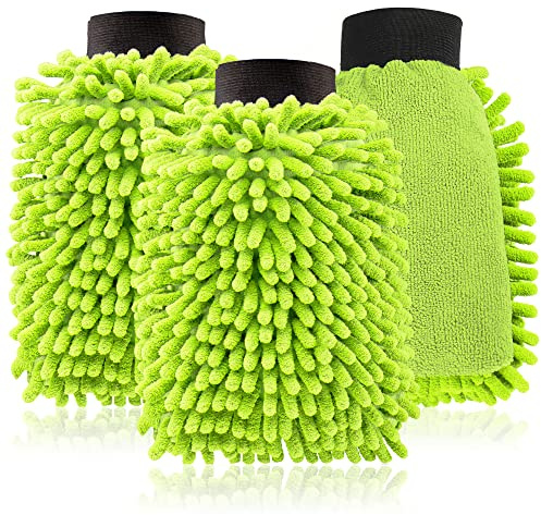 com-four® Gant de Lavage 3X pour Voitures et Ménage - Gant en Microfibre et Chenille - Nettoyage de Voiture et Vitres (3 Parties - Vert Fluo)