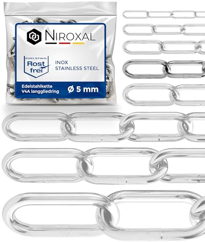 Edelstahlkette V4A A4 langgliedrig DIN 763 / DIN 5685 – 5 mm x 5 m – 1 Stück – für vielseitige Aufhängungen